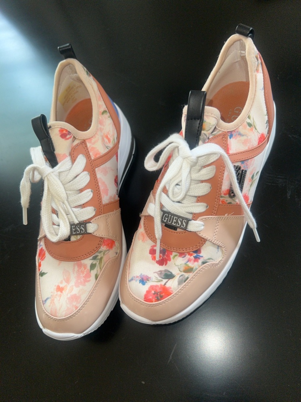 GUESS Floral Pink and Cream Lace-Up Sneakers